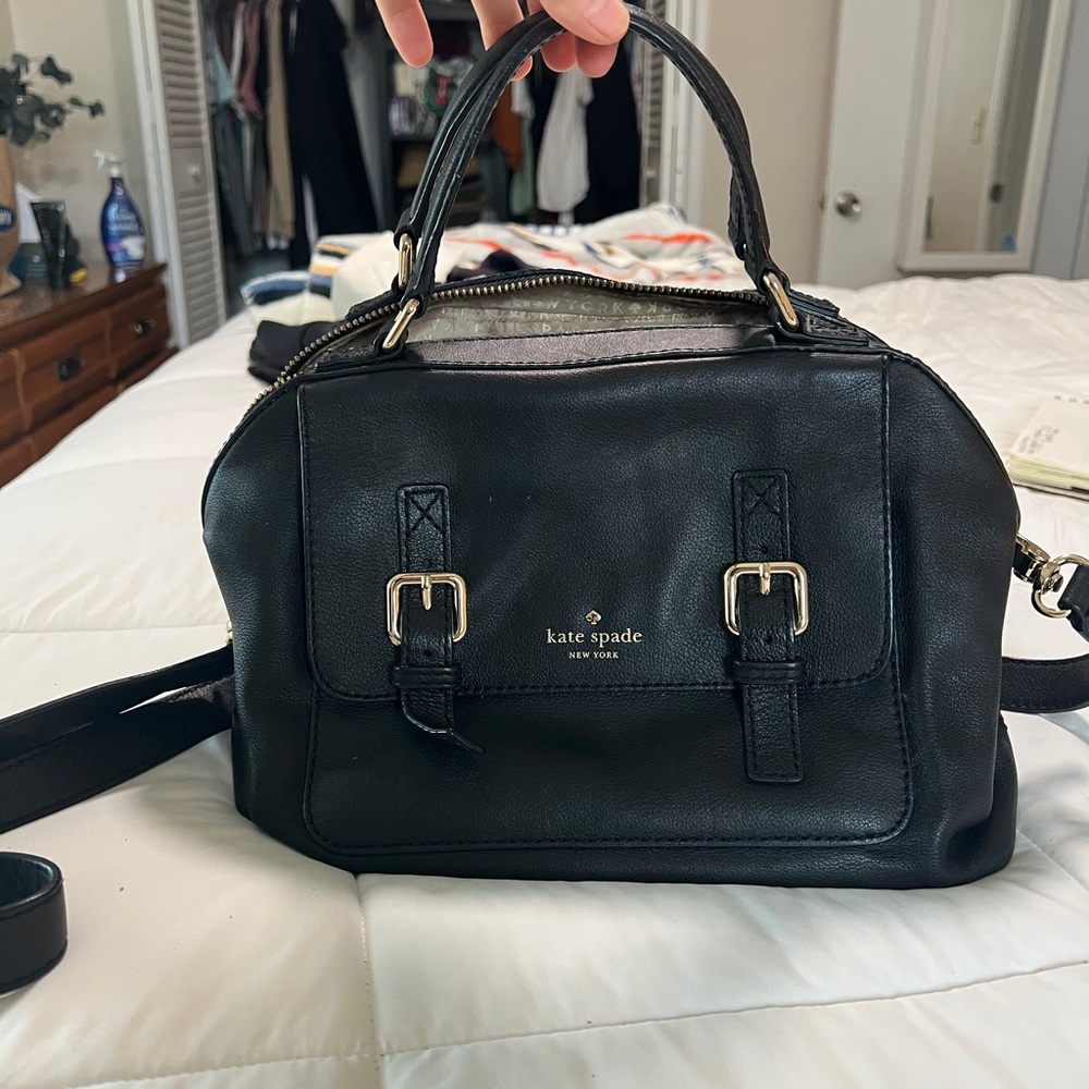 Kate Spade Black Leather Satchel with Gold Buckle Details